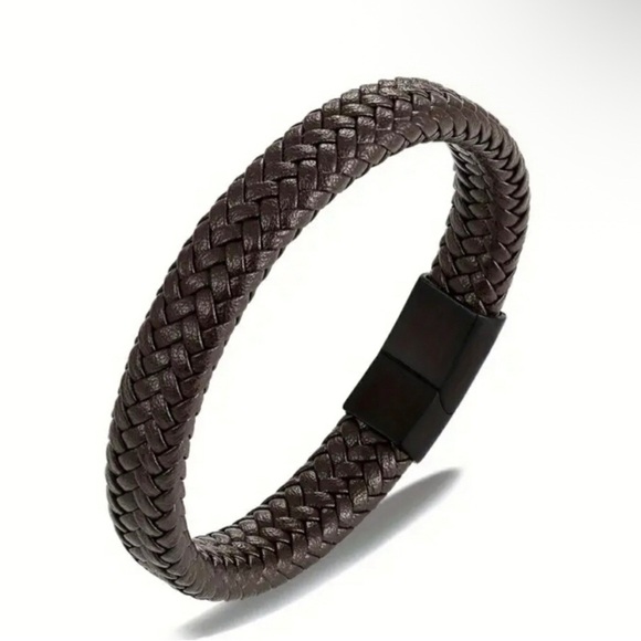 Unbranded Other - Mens Braided Genuine Leather Bracelet Black Magnetic Buckle 8.2 Inch‎ Cord Wrap